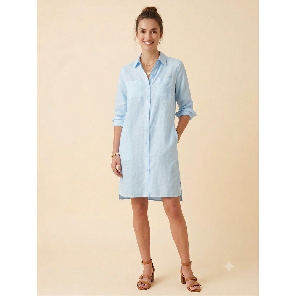 New Saks Fifth Avenue Tunic XS 100% Linen Shirt Dress‎ Blue Roll Tab Button Down